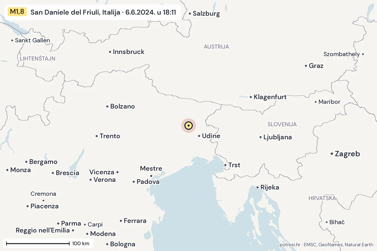 Karta: šire područje, 600 km, potres M1,8, San Daniele del Friuli, Italija, 6.6.2024.