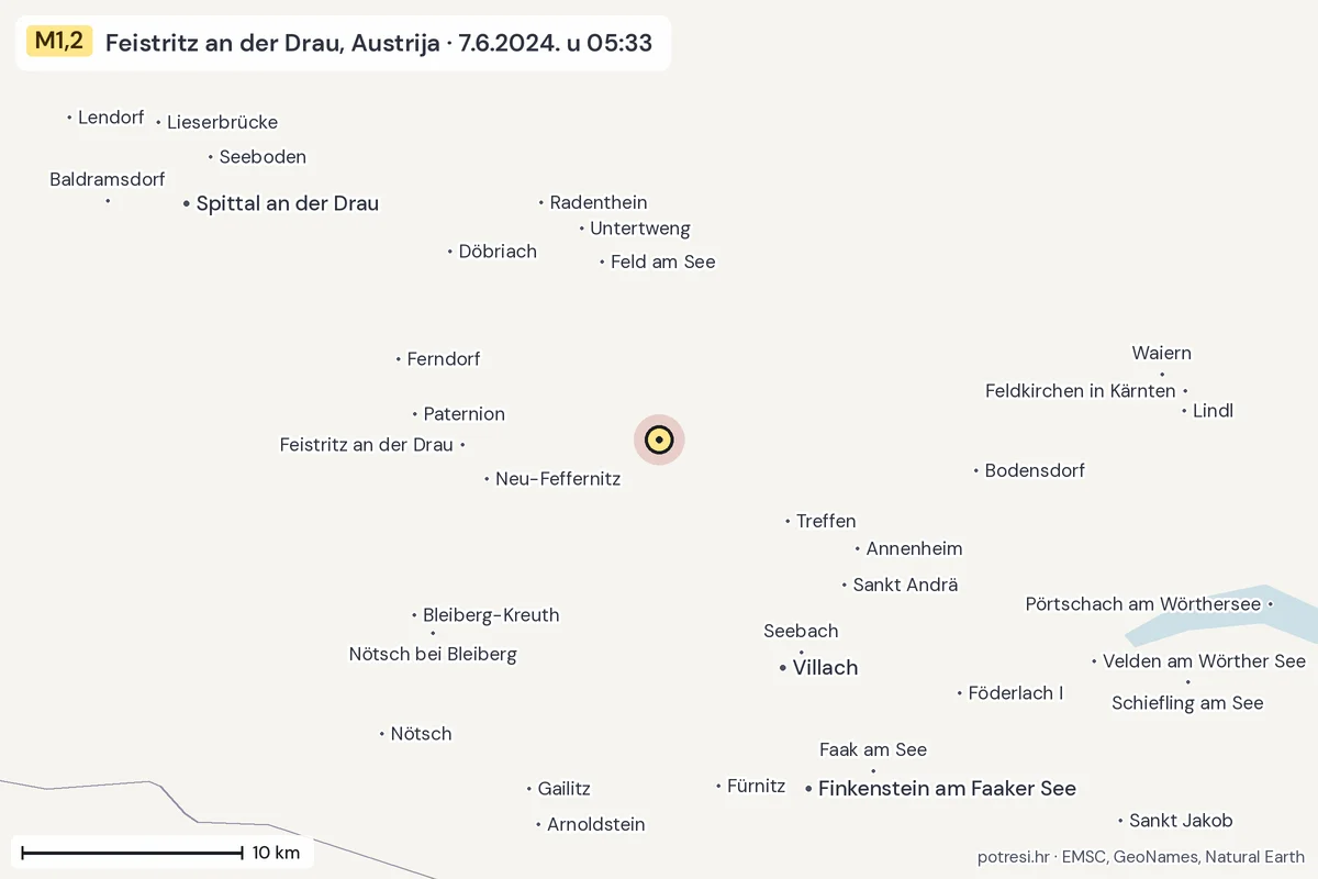 Karta: okolica epicentra, 60 km, potres M1,2, Feistritz an der Drau, Austrija, 7.6.2024.