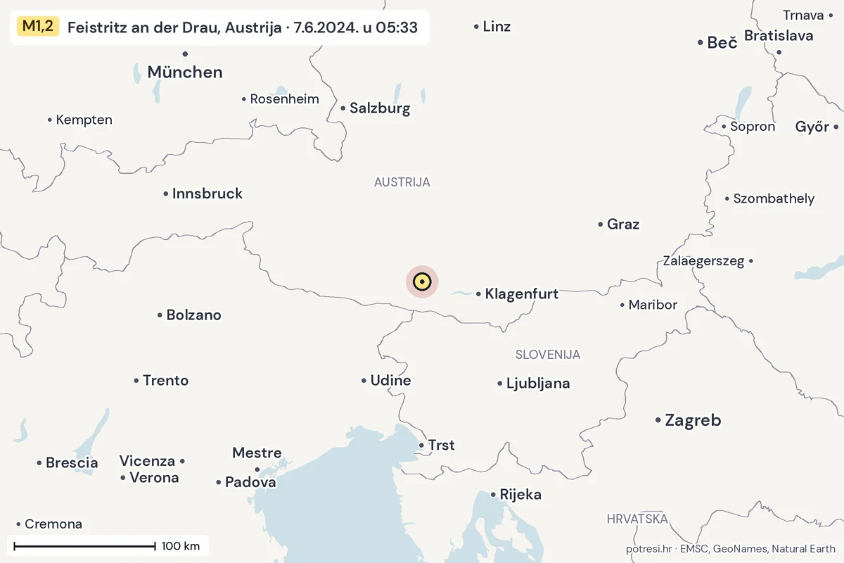 Karta: šire područje, 600 km, potres M1,2, Feistritz an der Drau, Austrija, 7.6.2024.