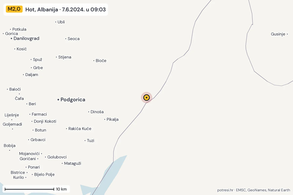 Karta: okolica epicentra, 60 km, potres M2,0, Hot, Albanija, 7.6.2024.