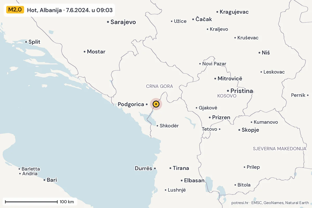 Karta: šire područje, 600 km, potres M2,0, Hot, Albanija, 7.6.2024.
