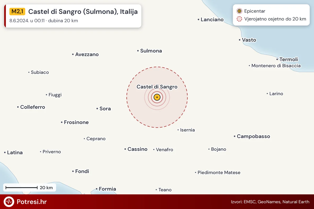 Karta: šire područje i vjerojatni doseg osjeta, potres M2,1, Castel di Sangro (Sulmona), Italija, 8.6.2024.