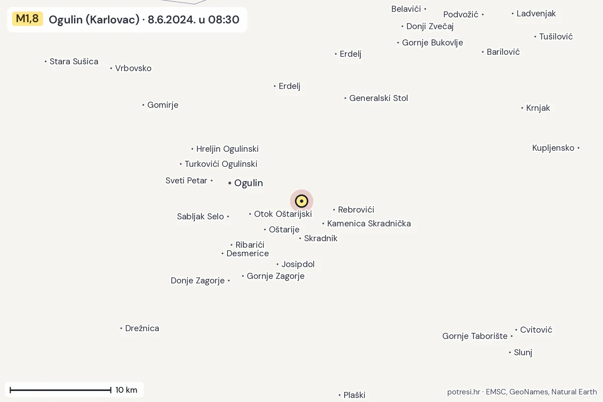 Karta: okolica epicentra, 60 km, potres M1,8, Ogulin (Karlovac), 8.6.2024.