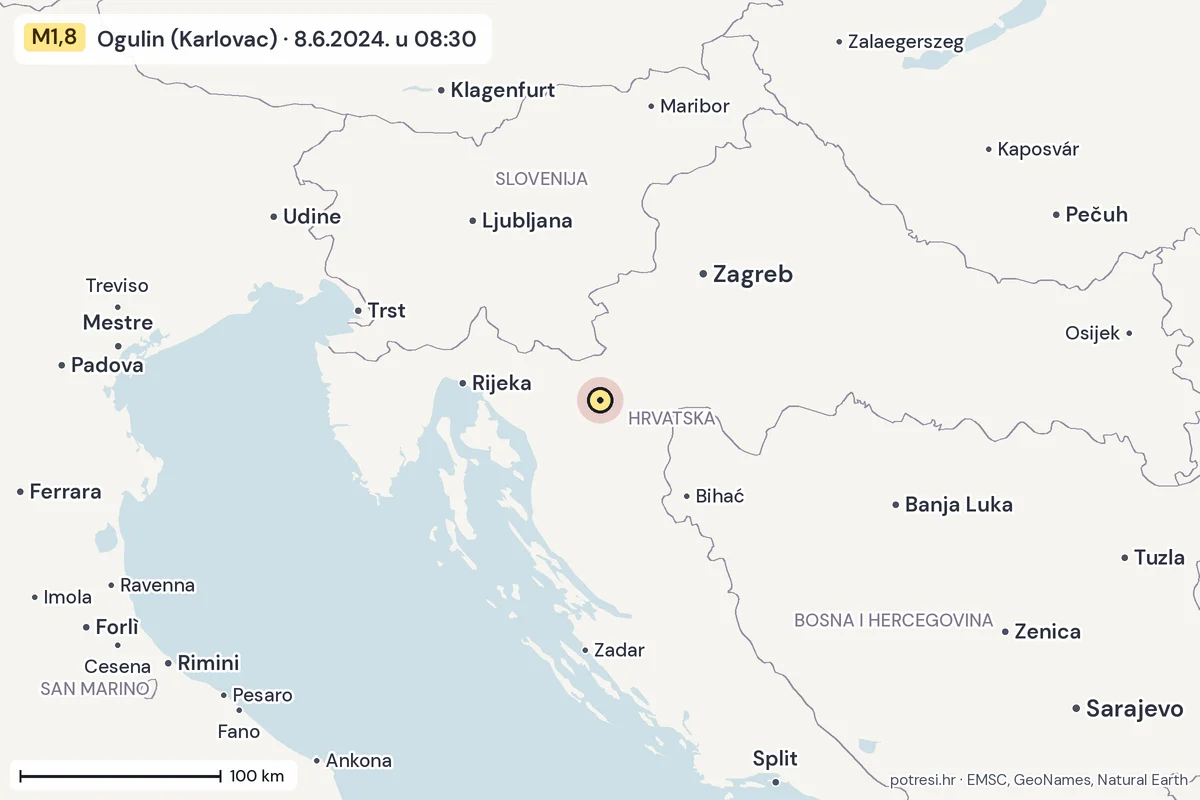 Karta: šire područje, 600 km, potres M1,8, Ogulin (Karlovac), 8.6.2024.