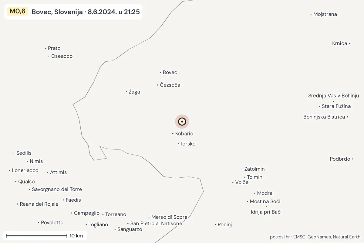 Karta: okolica epicentra, 60 km, potres M0,6, Bovec, Slovenija, 8.6.2024.