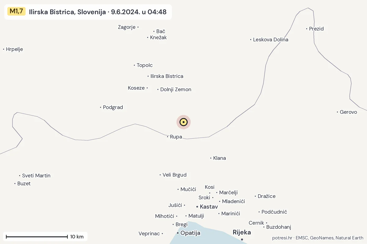 Karta: okolica epicentra, 60 km, potres M1,7, Ilirska Bistrica, Slovenija, 9.6.2024.