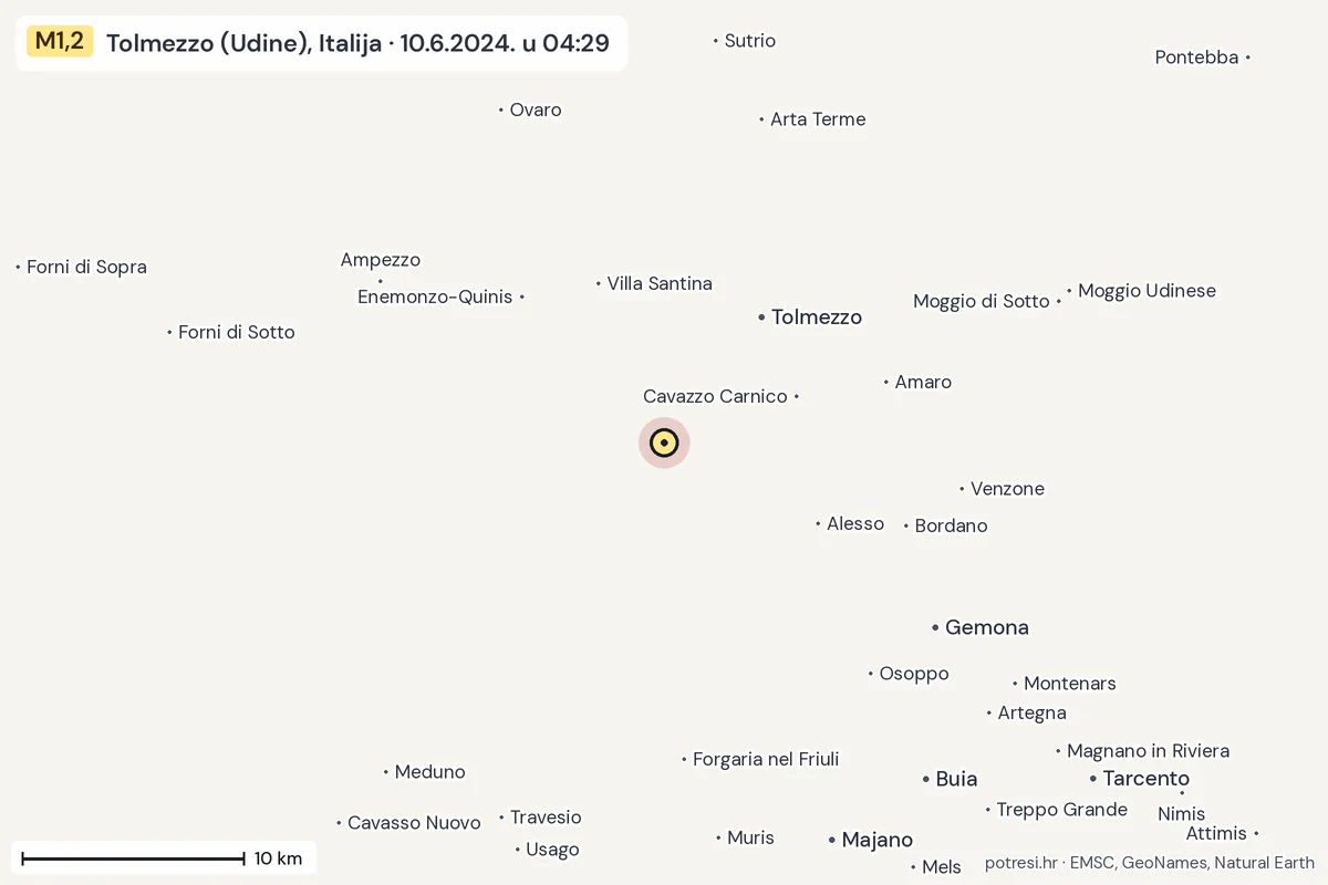 Karta: okolica epicentra, 60 km, potres M1,2, Tolmezzo (Udine), Italija, 10.6.2024.