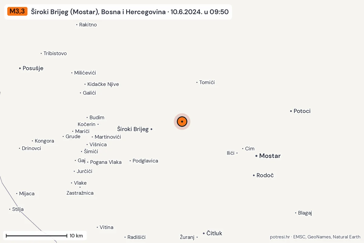 Karta: okolica epicentra, 60 km, potres M3,3, Široki Brijeg (Mostar), Bosna i Hercegovina, 10.6.2024.