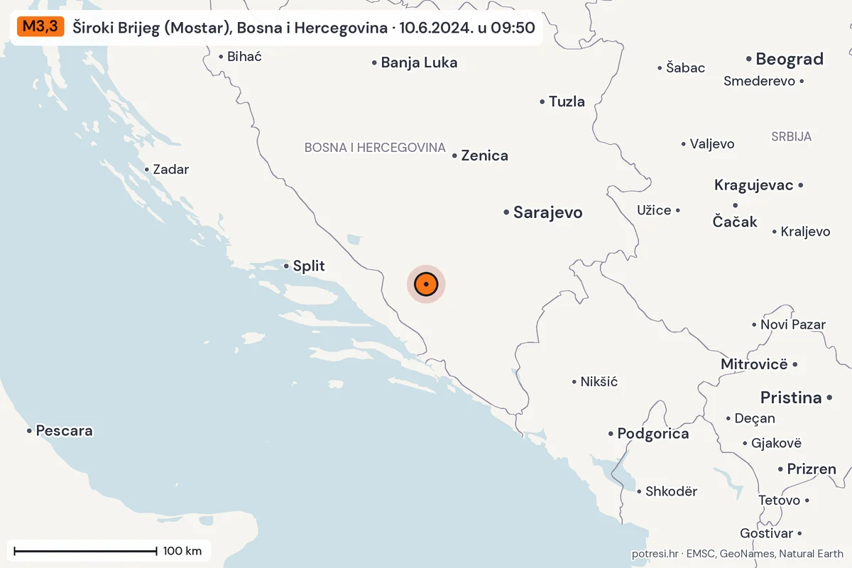 Karta: šire područje, 600 km, potres M3,3, Široki Brijeg (Mostar), Bosna i Hercegovina, 10.6.2024.