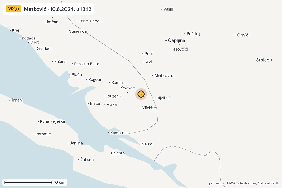 Karta: okolica epicentra, 60 km, potres M2,5, Metković, 10.6.2024.