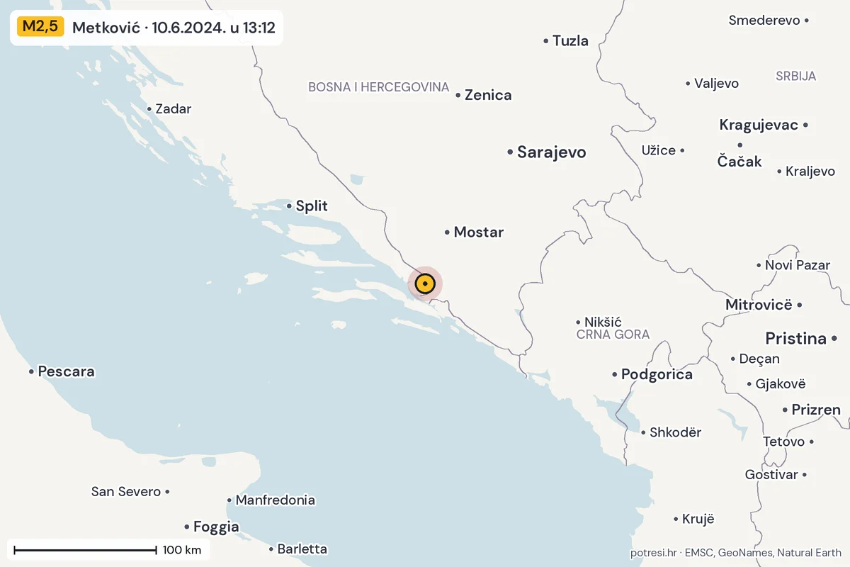 Karta: šire područje, 600 km, potres M2,5, Metković, 10.6.2024.