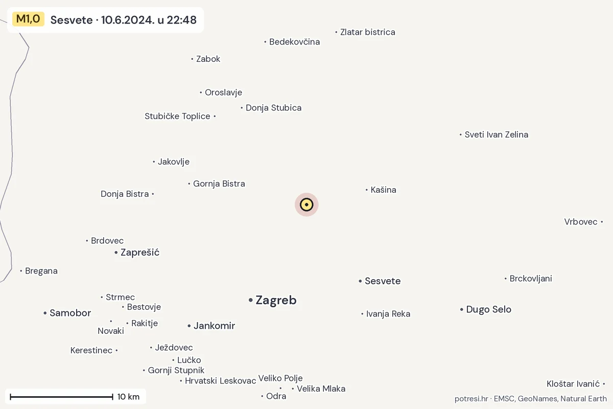 Karta: okolica epicentra, 60 km, potres M1,0, Sesvete, 10.6.2024.