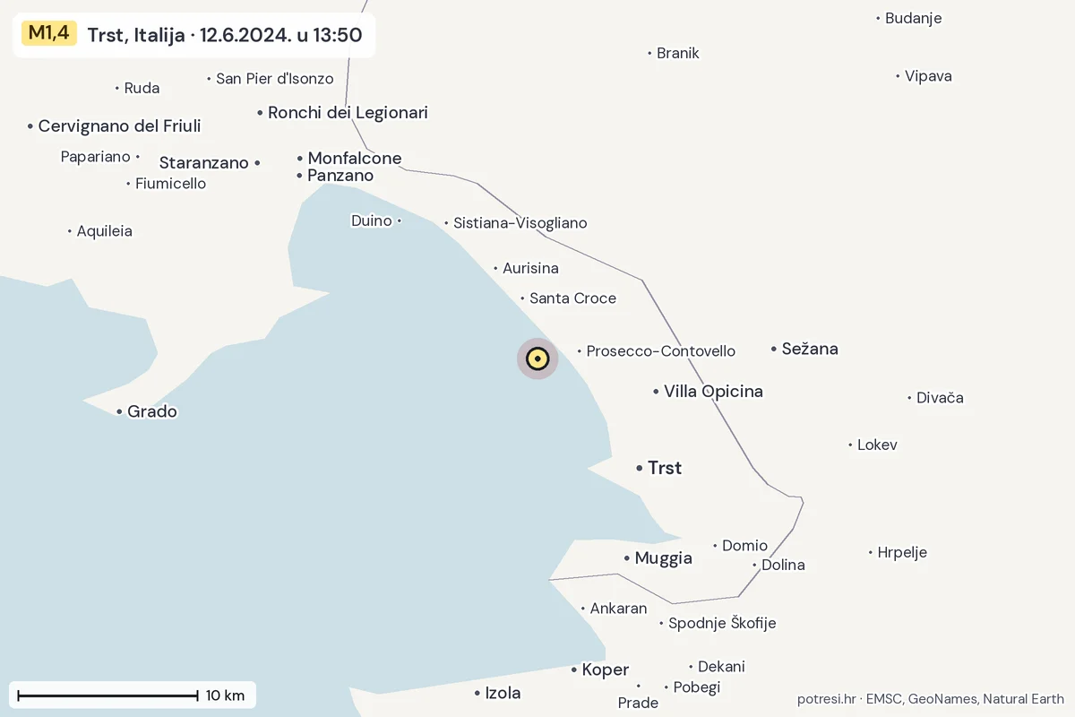 Karta: okolica epicentra, 60 km, potres M1,4, Trst, Italija, 12.6.2024.