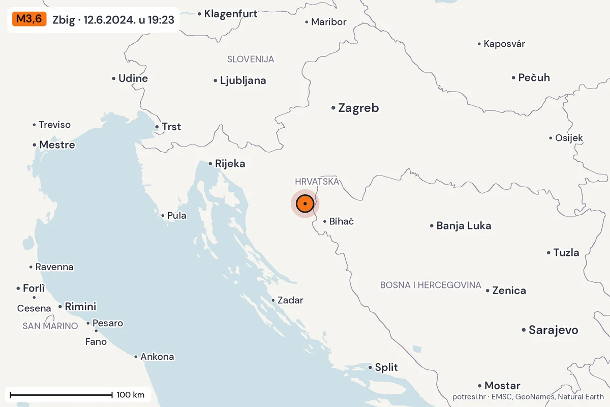 Karta: šire područje, 600 km, potres M3,6, Zbig, 12.6.2024.