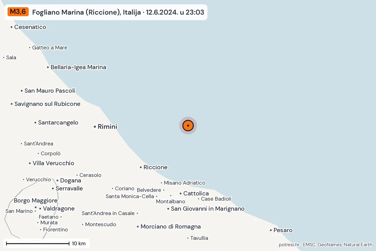Karta: okolica epicentra, 60 km, potres M3,6, Fogliano Marina (Riccione), Italija, 12.6.2024.