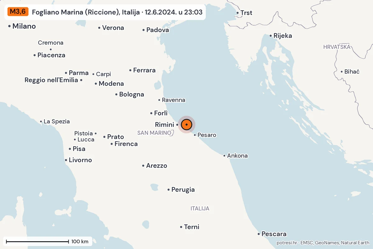 Karta: šire područje, 600 km, potres M3,6, Fogliano Marina (Riccione), Italija, 12.6.2024.