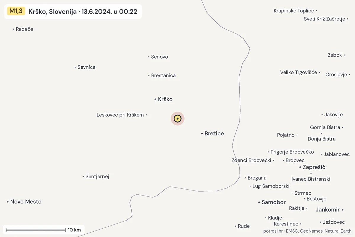 Karta: okolica epicentra, 60 km, potres M1,3, Krško, Slovenija, 13.6.2024.