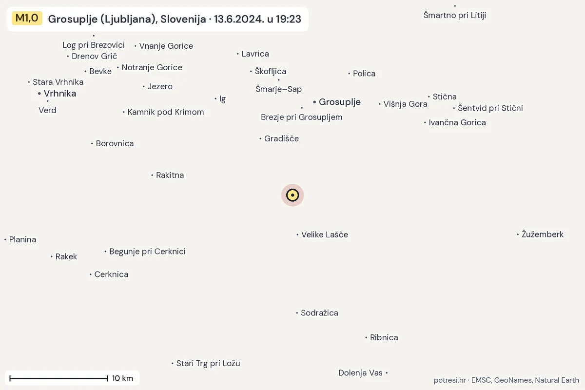 Karta: okolica epicentra, 60 km, potres M1,0, Grosuplje (Ljubljana), Slovenija, 13.6.2024.