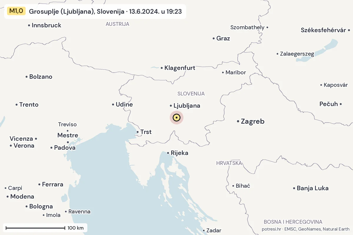 Karta: šire područje, 600 km, potres M1,0, Grosuplje (Ljubljana), Slovenija, 13.6.2024.