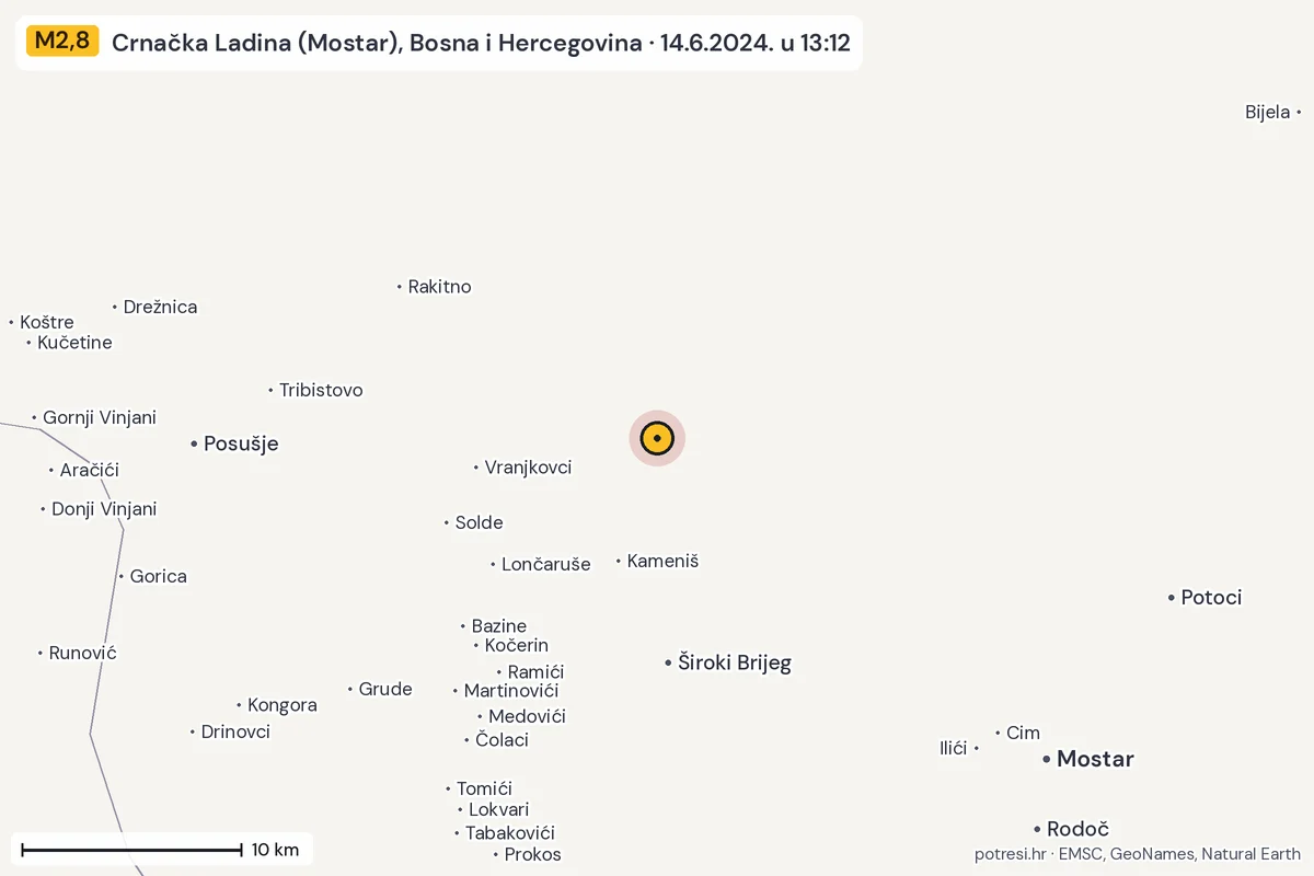 Karta: okolica epicentra, 60 km, potres M2,8, Crnačka Ladina (Mostar), Bosna i Hercegovina, 14.6.2024.