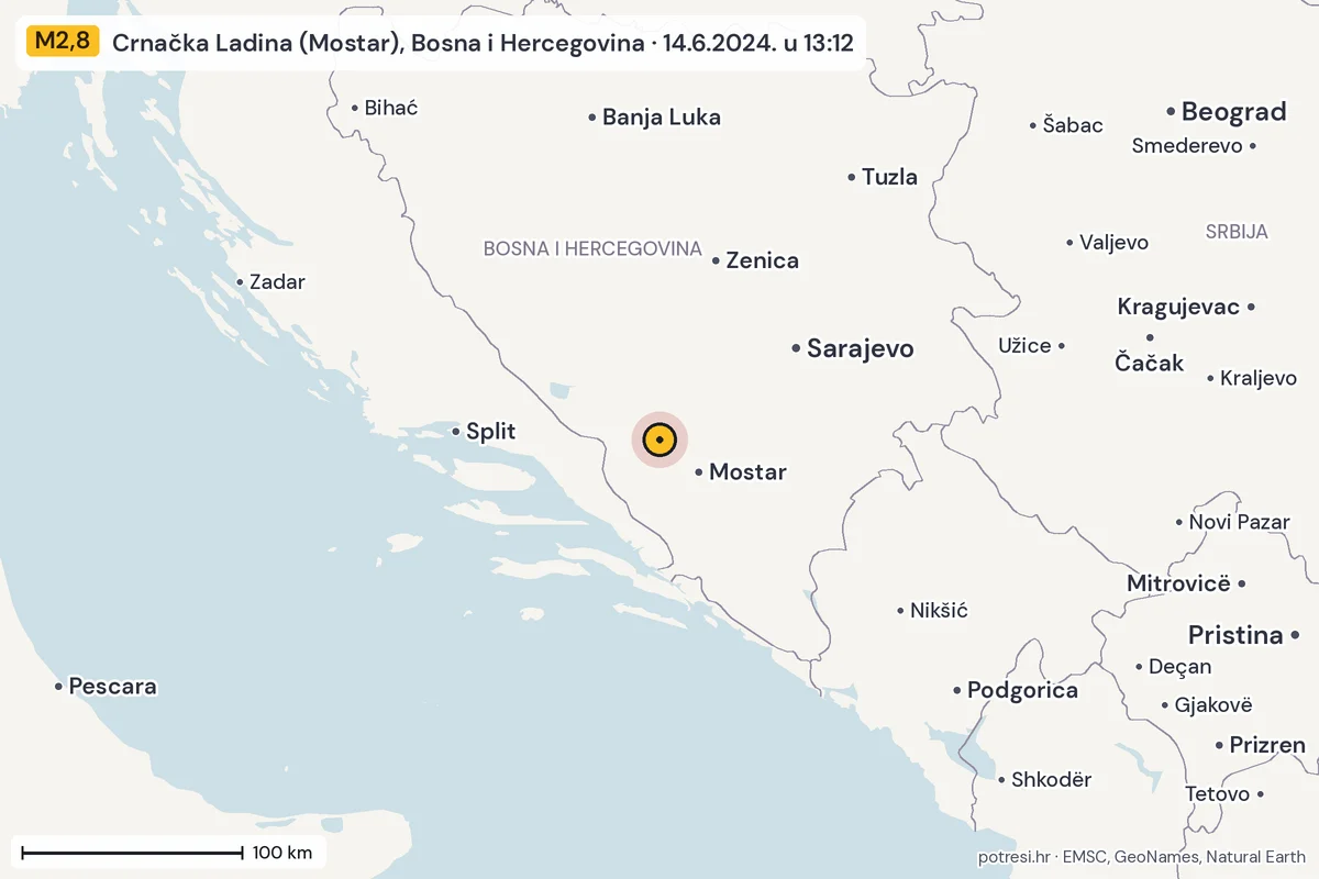 Karta: šire područje, 600 km, potres M2,8, Crnačka Ladina (Mostar), Bosna i Hercegovina, 14.6.2024.