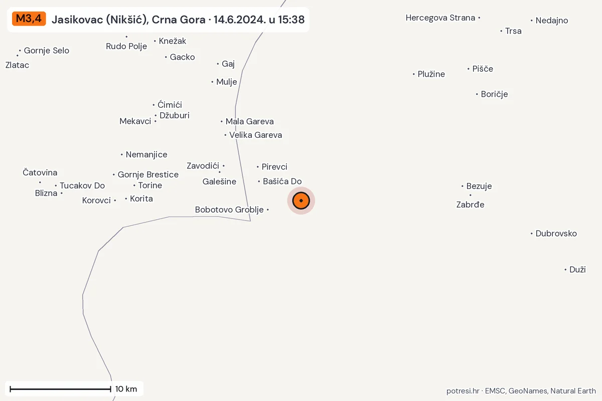 Karta: okolica epicentra, 60 km, potres M3,4, Jasikovac (Nikšić), Crna Gora, 14.6.2024.