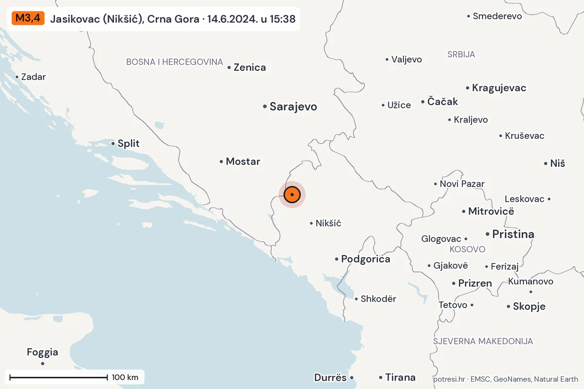 Karta: šire područje, 600 km, potres M3,4, Jasikovac (Nikšić), Crna Gora, 14.6.2024.