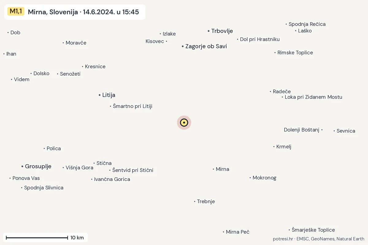 Karta: okolica epicentra, 60 km, potres M1,1, Mirna, Slovenija, 14.6.2024.