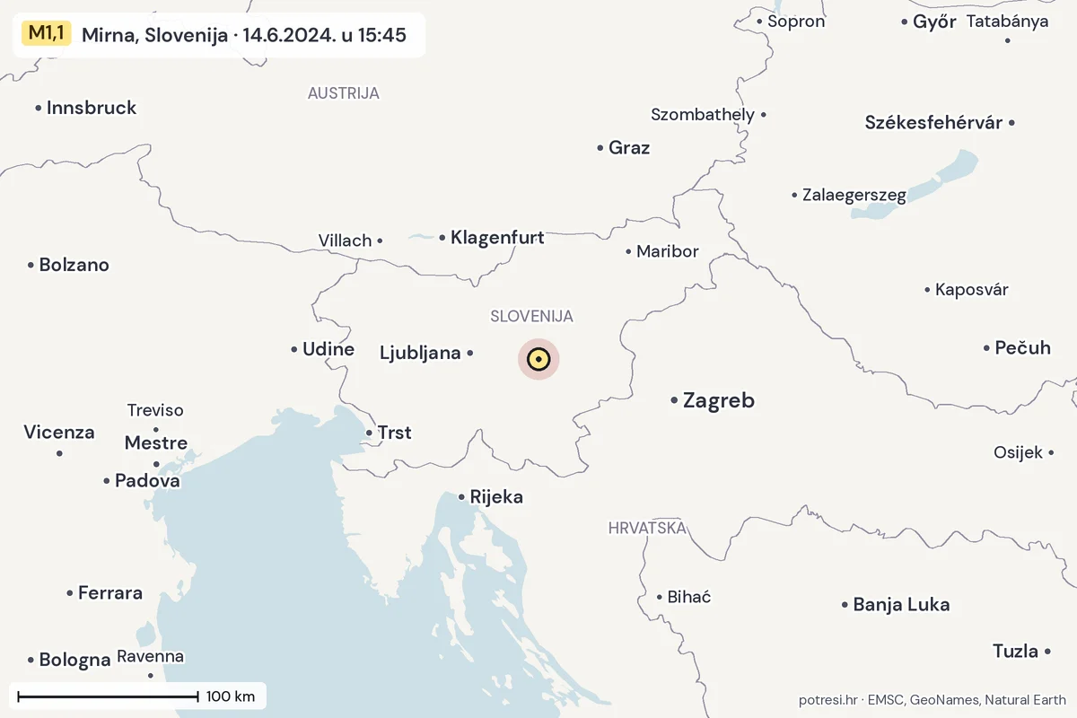 Karta: šire područje, 600 km, potres M1,1, Mirna, Slovenija, 14.6.2024.