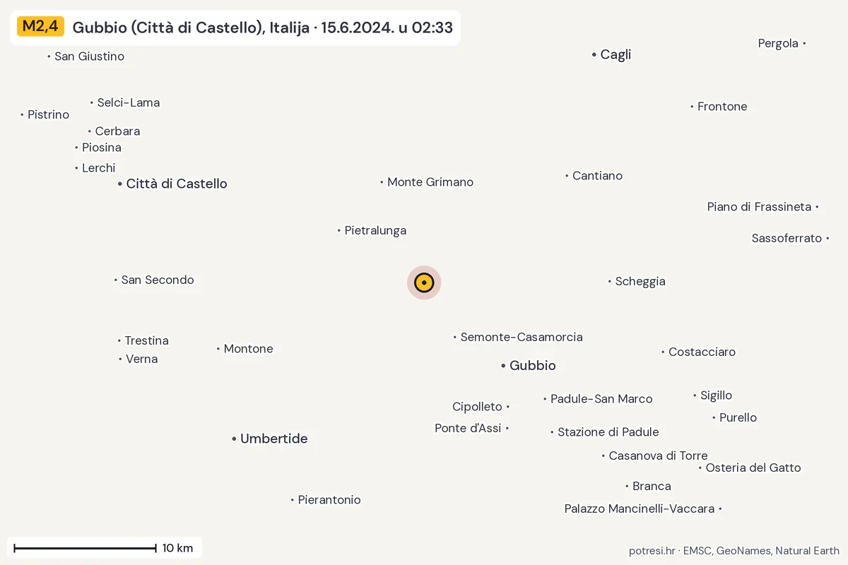 Karta: okolica epicentra, 60 km, potres M2,4, Gubbio (Città di Castello), Italija, 15.6.2024.