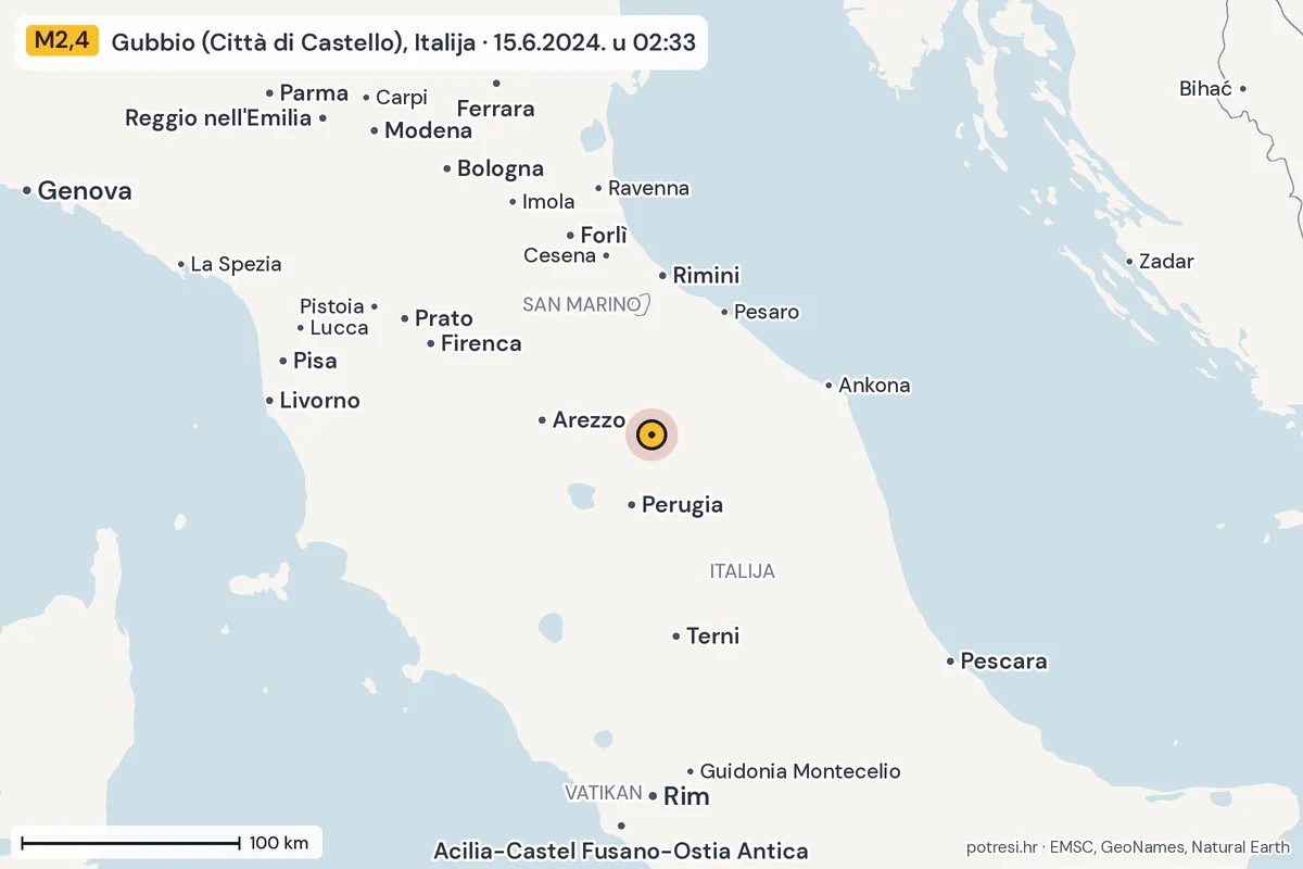 Karta: šire područje, 600 km, potres M2,4, Gubbio (Città di Castello), Italija, 15.6.2024.