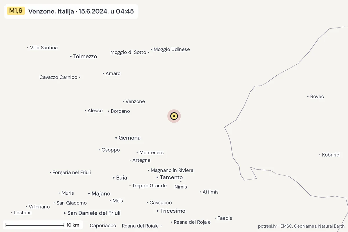 Karta: okolica epicentra, 60 km, potres M1,6, Venzone, Italija, 15.6.2024.