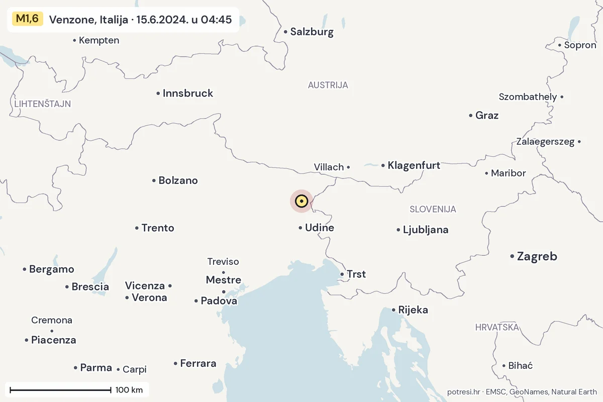 Karta: šire područje, 600 km, potres M1,6, Venzone, Italija, 15.6.2024.