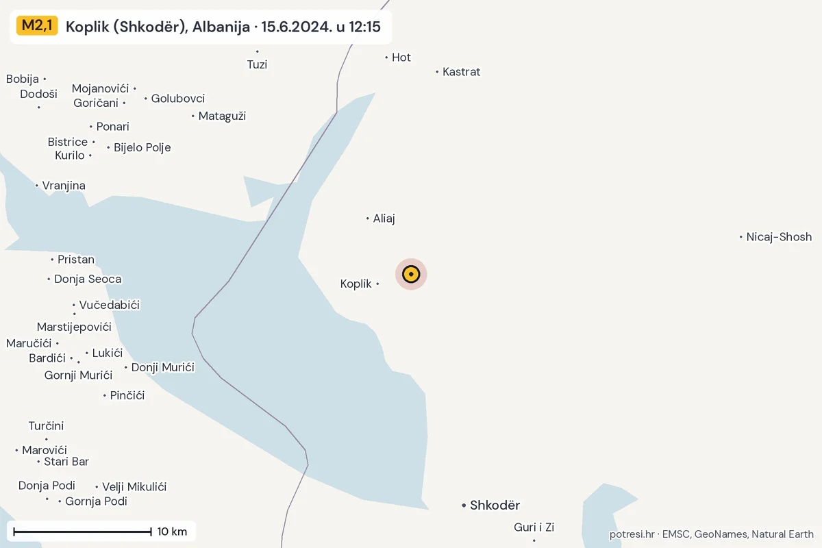 Karta: okolica epicentra, 60 km, potres M2,1, Koplik (Shkodër), Albanija, 15.6.2024.