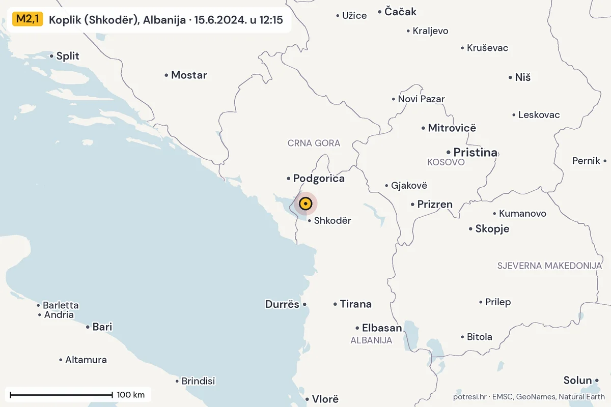 Karta: šire područje, 600 km, potres M2,1, Koplik (Shkodër), Albanija, 15.6.2024.