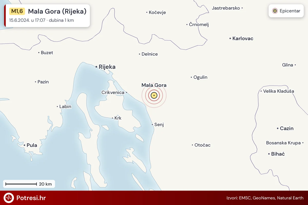 Karta: šire područje i vjerojatni doseg osjeta, potres M1,6, Mala Gora (Rijeka), 15.6.2024.