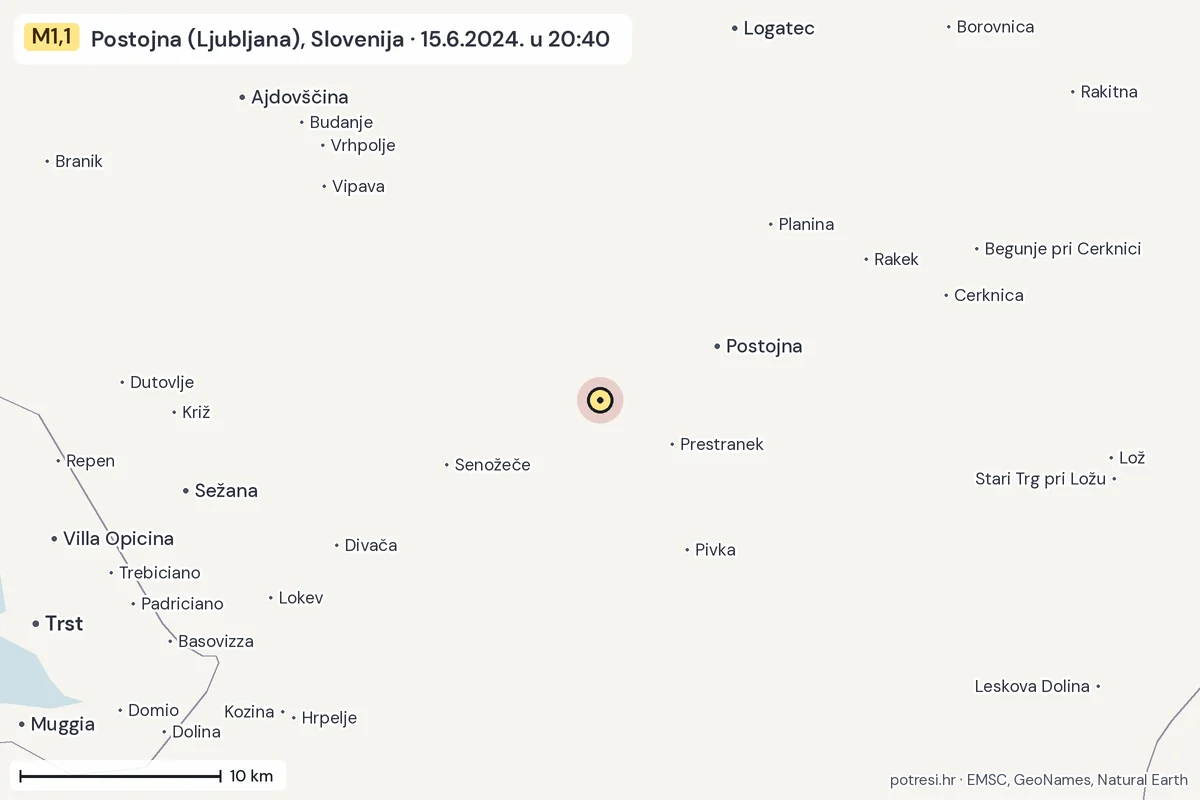 Karta: okolica epicentra, 60 km, potres M1,1, Postojna (Ljubljana), Slovenija, 15.6.2024.