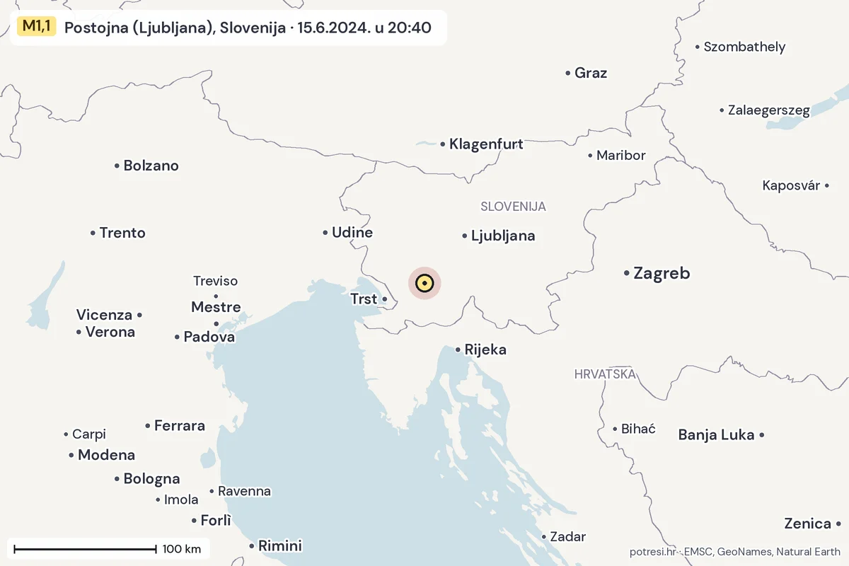 Karta: šire područje, 600 km, potres M1,1, Postojna (Ljubljana), Slovenija, 15.6.2024.