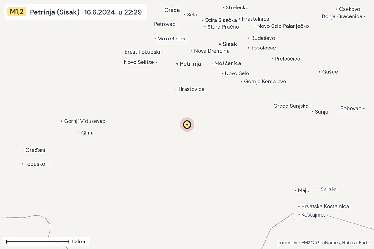 Karta: okolica epicentra, 60 km, potres M1,2, Petrinja (Sisak), 16.6.2024.