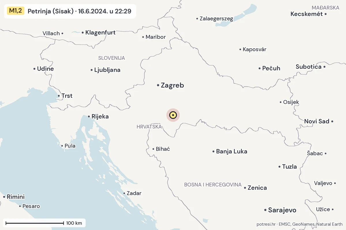 Karta: šire područje, 600 km, potres M1,2, Petrinja (Sisak), 16.6.2024.