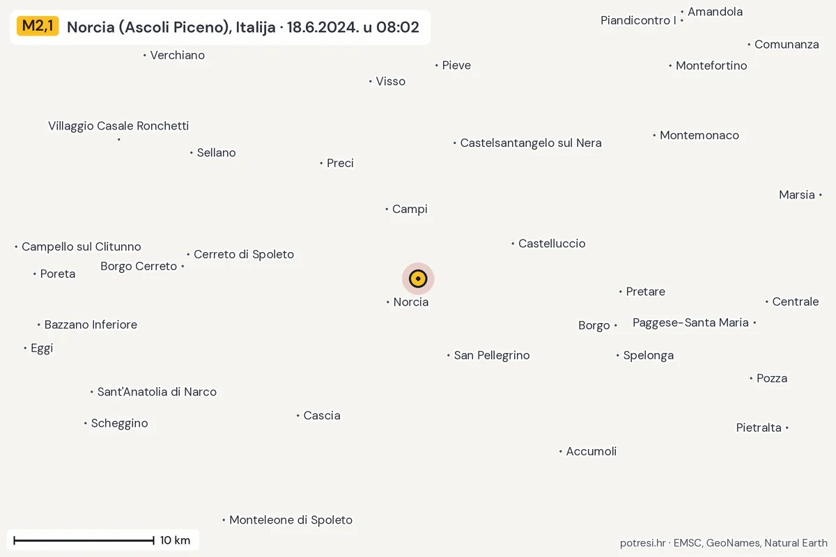 Karta: okolica epicentra, 60 km, potres M2,1, Norcia (Ascoli Piceno), Italija, 18.6.2024.