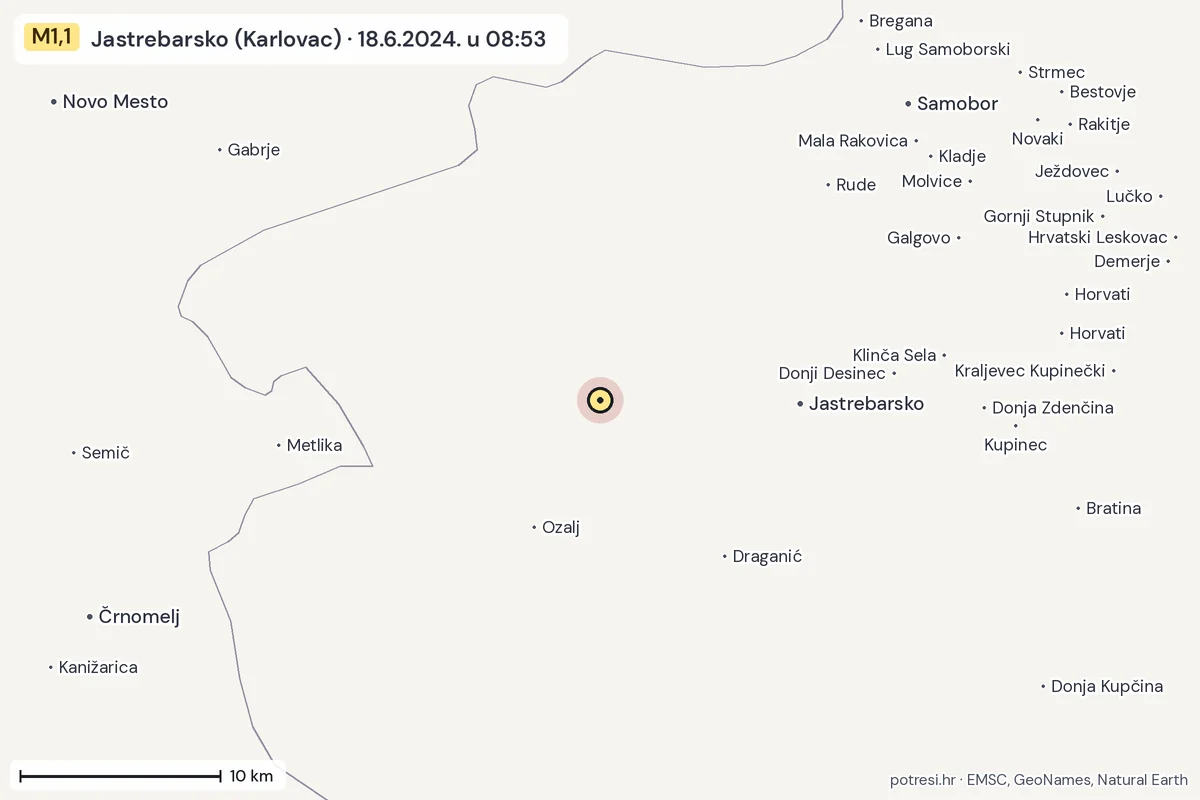 Karta: okolica epicentra, 60 km, potres M1,1, Jastrebarsko (Karlovac), 18.6.2024.