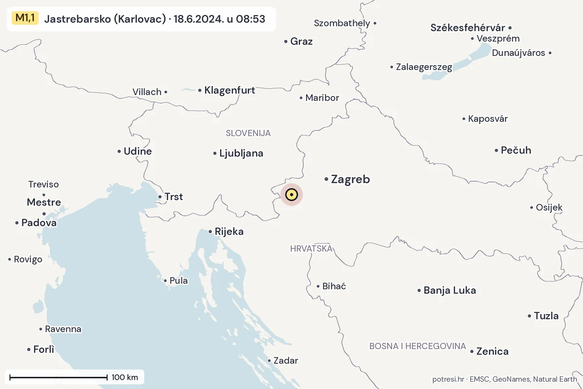 Karta: šire područje, 600 km, potres M1,1, Jastrebarsko (Karlovac), 18.6.2024.