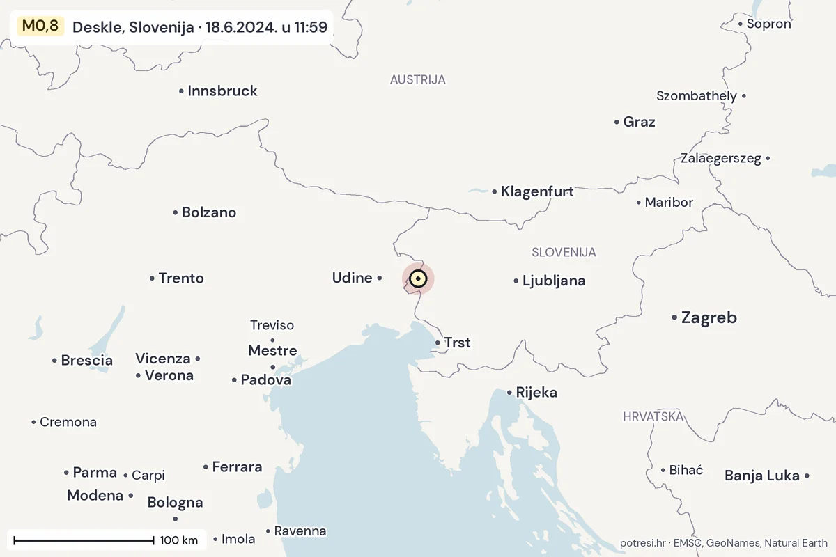 Karta: šire područje, 600 km, potres M0,8, Deskle, Slovenija, 18.6.2024.