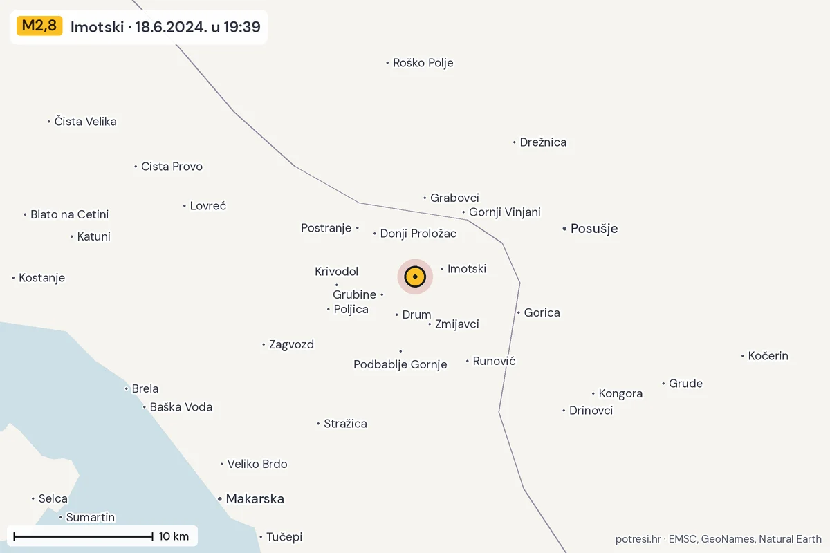Karta: okolica epicentra, 60 km, potres M2,8, Imotski, 18.6.2024.