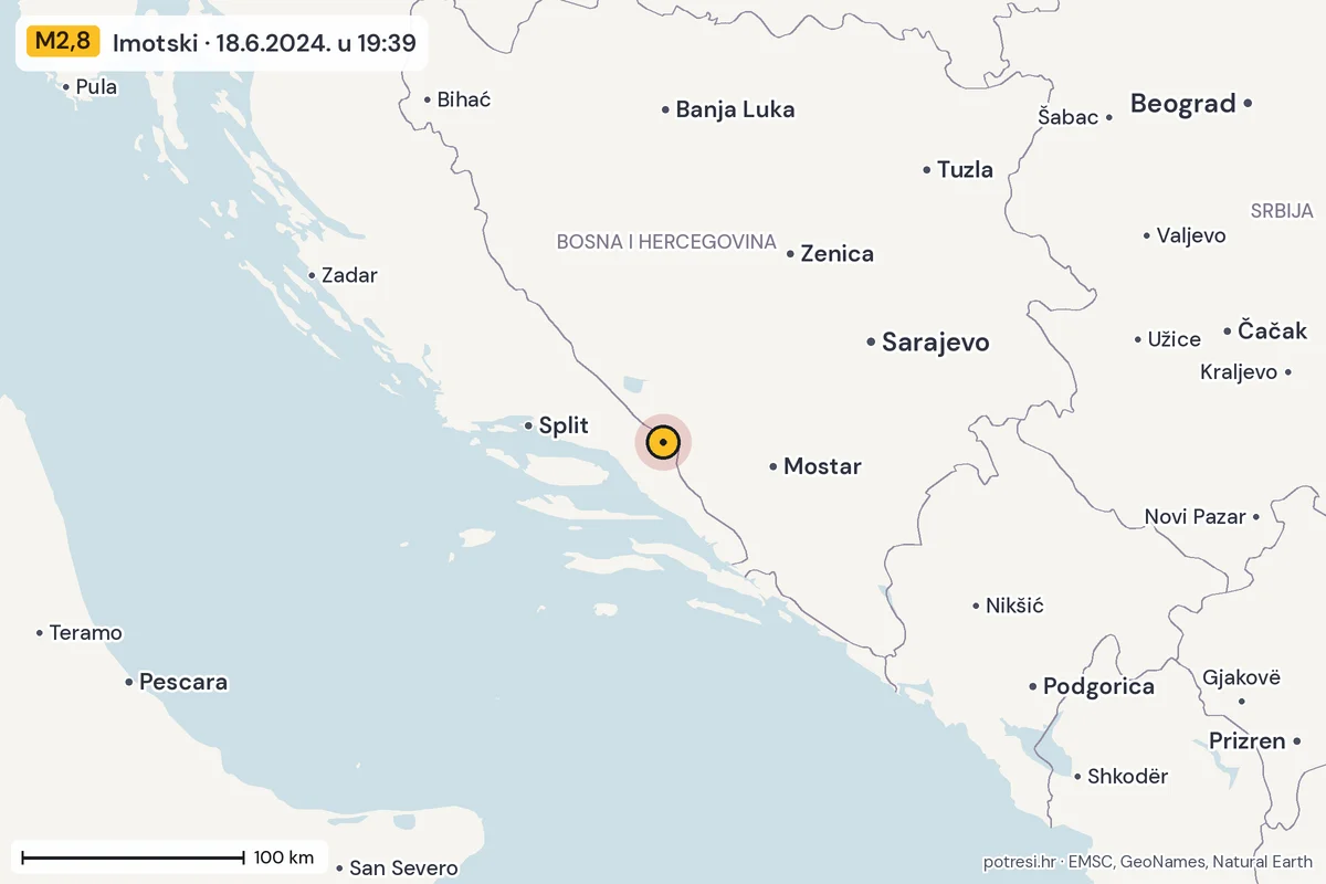 Karta: šire područje, 600 km, potres M2,8, Imotski, 18.6.2024.