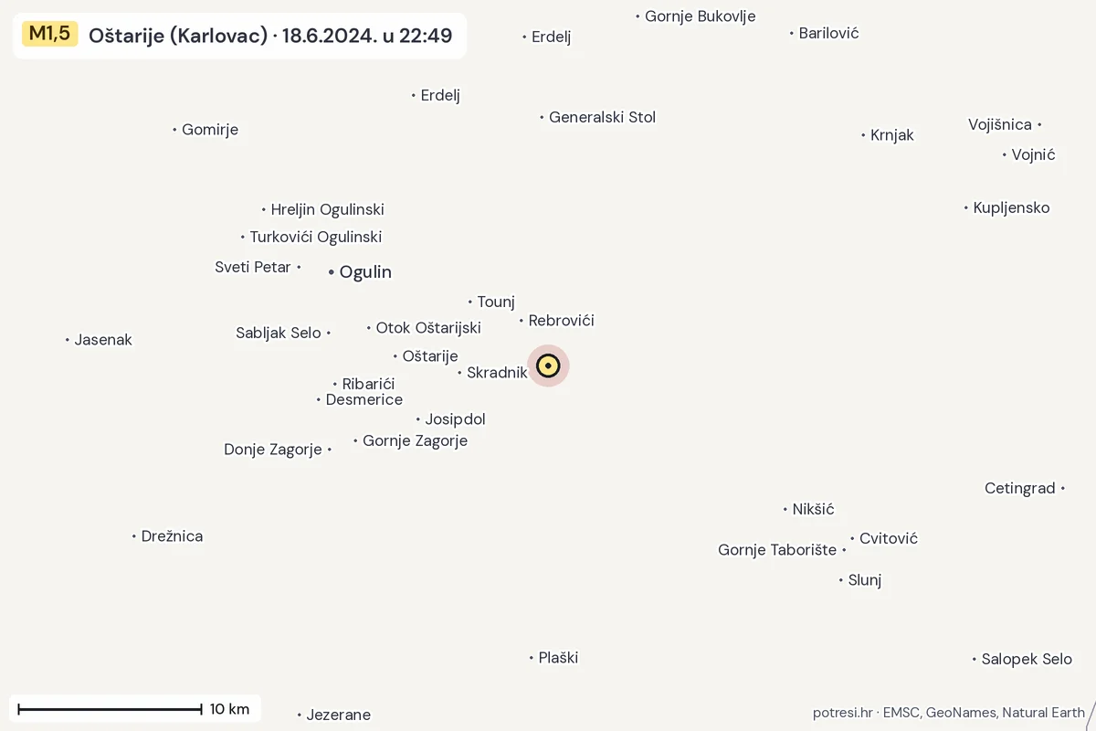 Karta: okolica epicentra, 60 km, potres M1,5, Oštarije (Karlovac), 18.6.2024.