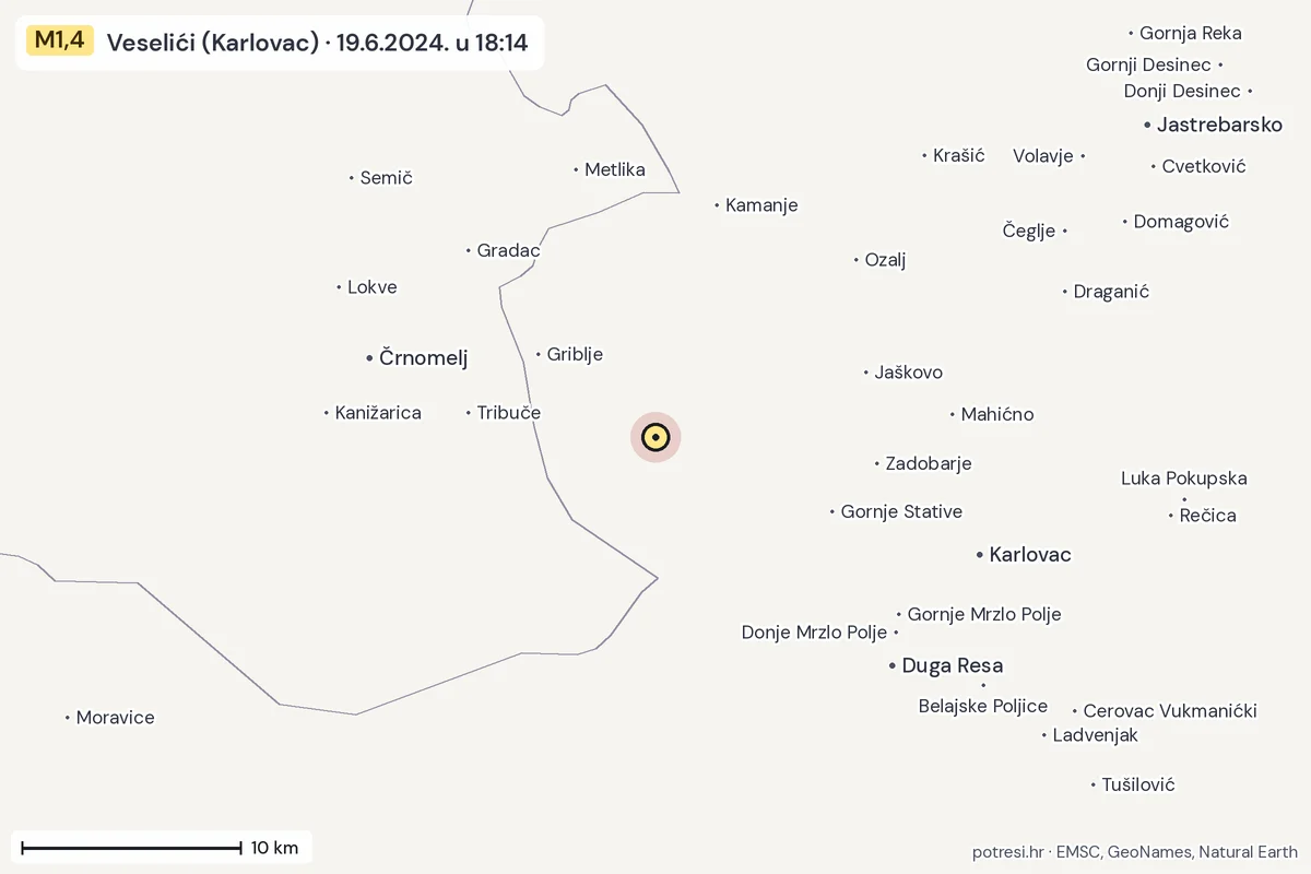 Karta: okolica epicentra, 60 km, potres M1,4, Veselići (Karlovac), 19.6.2024.