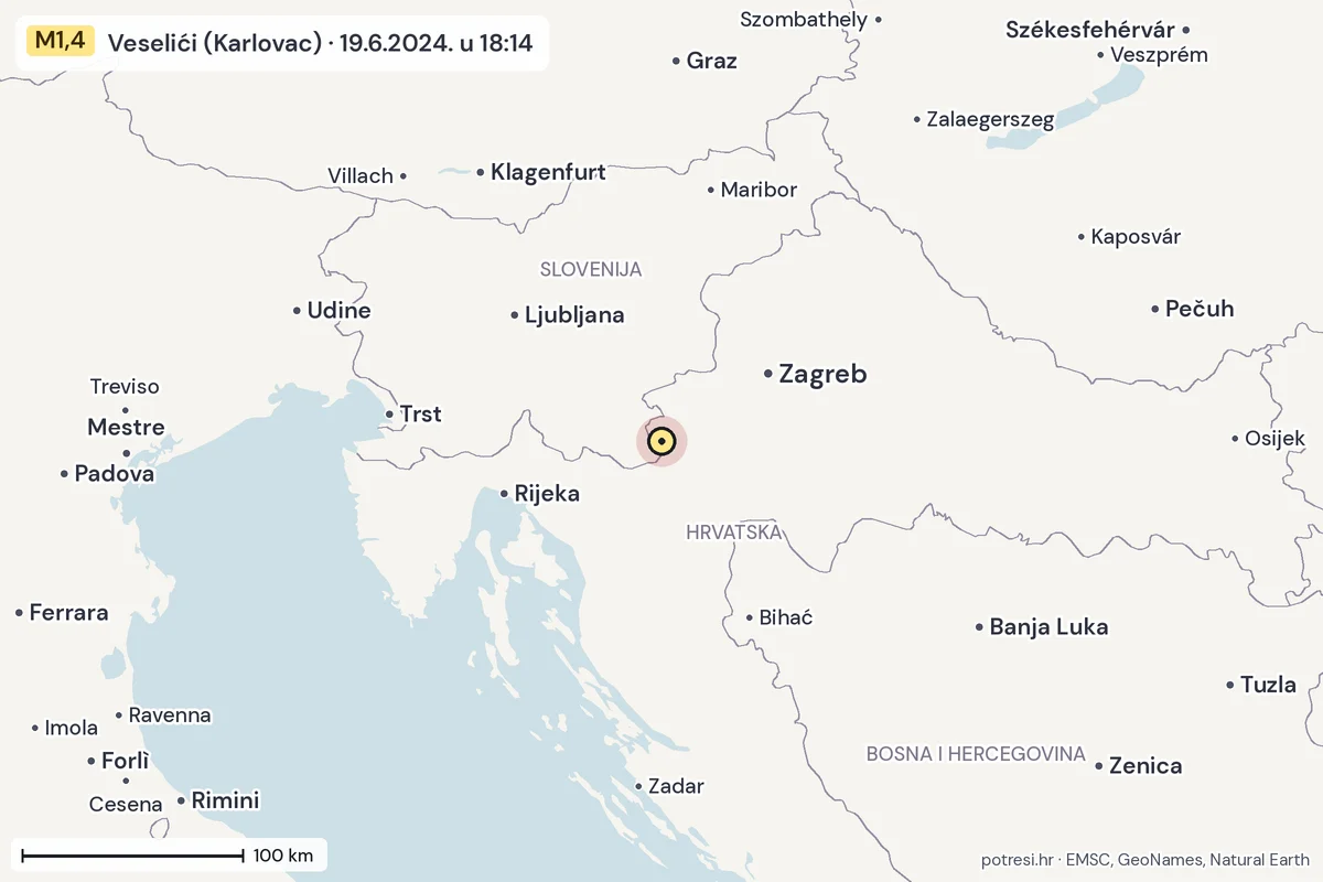 Karta: šire područje, 600 km, potres M1,4, Veselići (Karlovac), 19.6.2024.