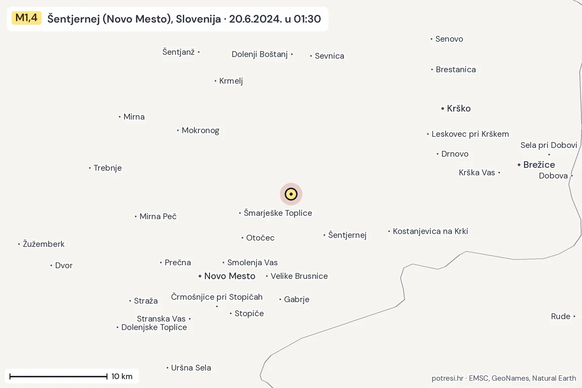 Karta: okolica epicentra, 60 km, potres M1,4, Šentjernej (Novo Mesto), Slovenija, 20.6.2024.